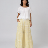 Fustă-pantalon din in cu dungi și croială etajată galben HL181