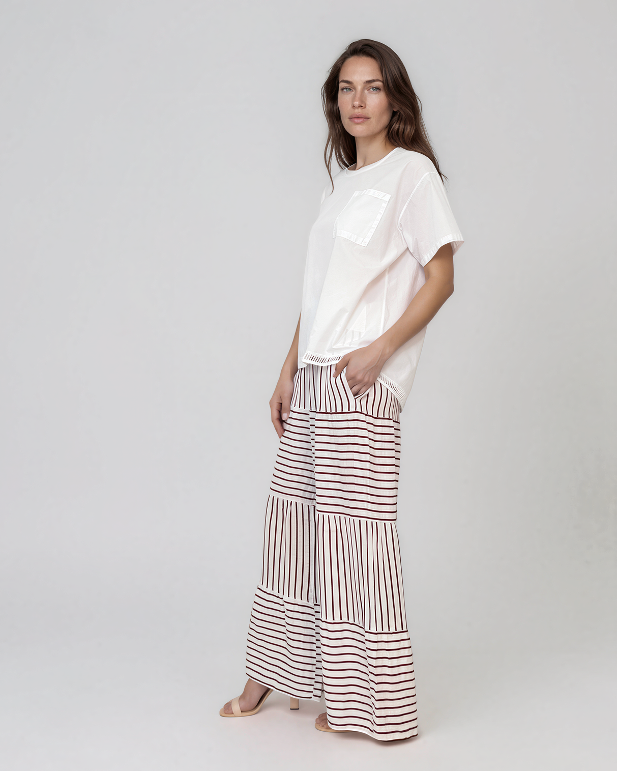 Fustă-pantalon din in cu dungi și croială etajată grena HL181