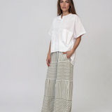 Fustă-pantalon din in cu dungi și croială etajată verde HL181