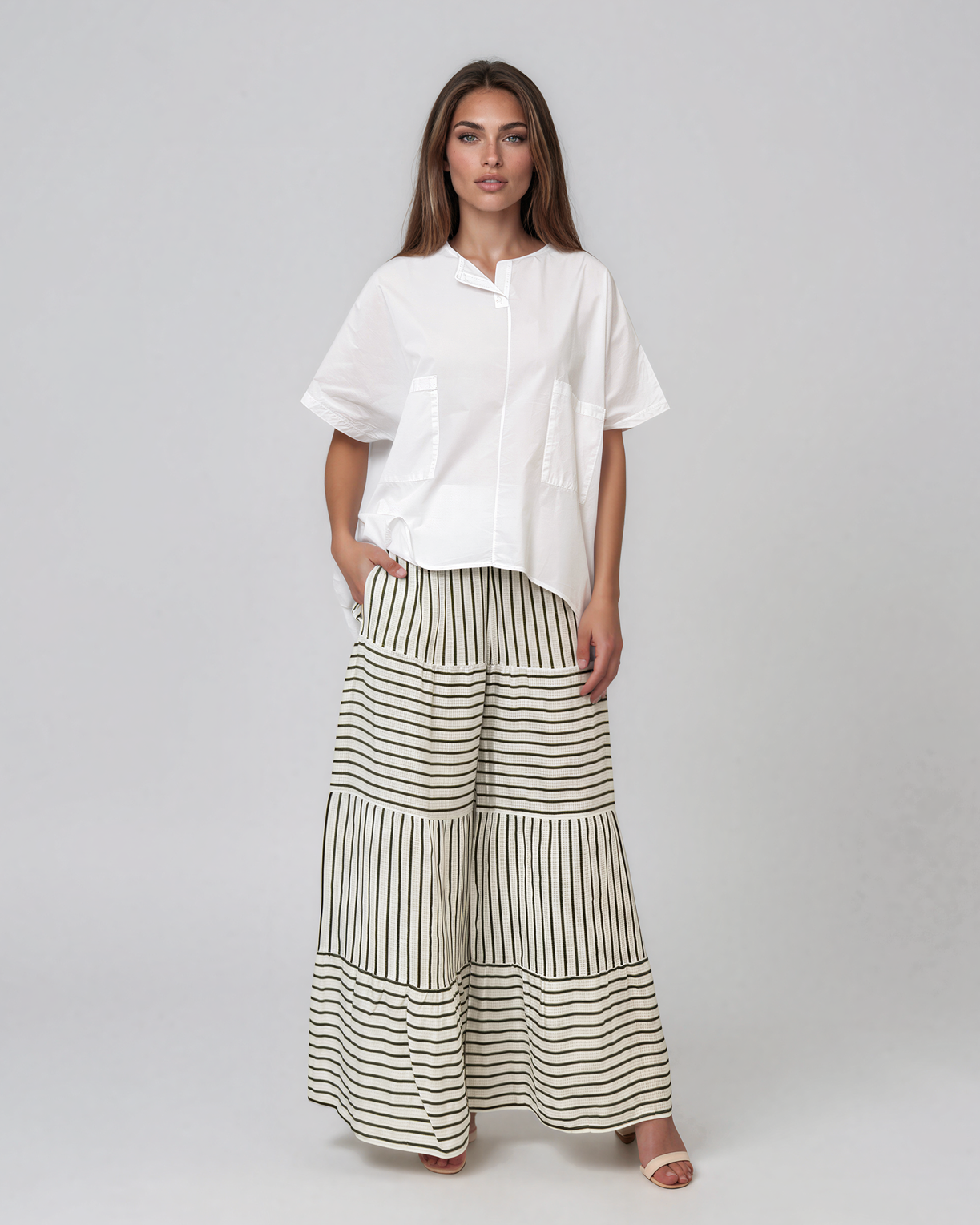 Fustă-pantalon din in cu dungi și croială etajată verde HL181
