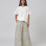 Fustă-pantalon din in cu dungi și croială etajată verde HL181
