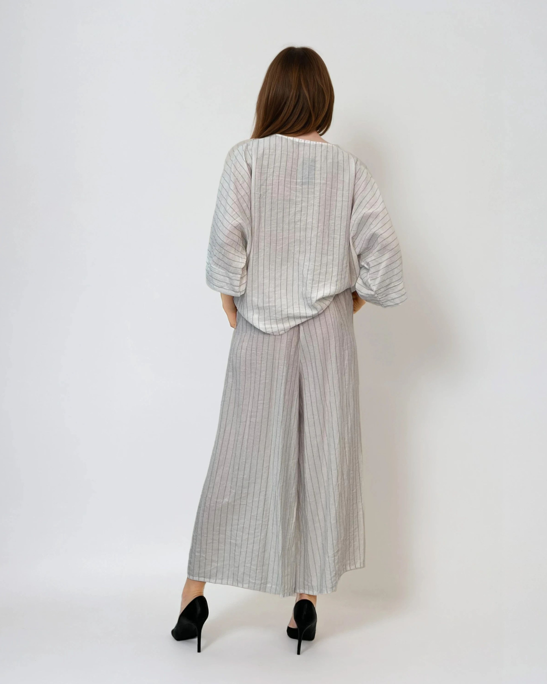 Fustă pantalon largă din in cu dungi alb 