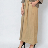 Fustă pantalon largă din in cu dungi beige 
