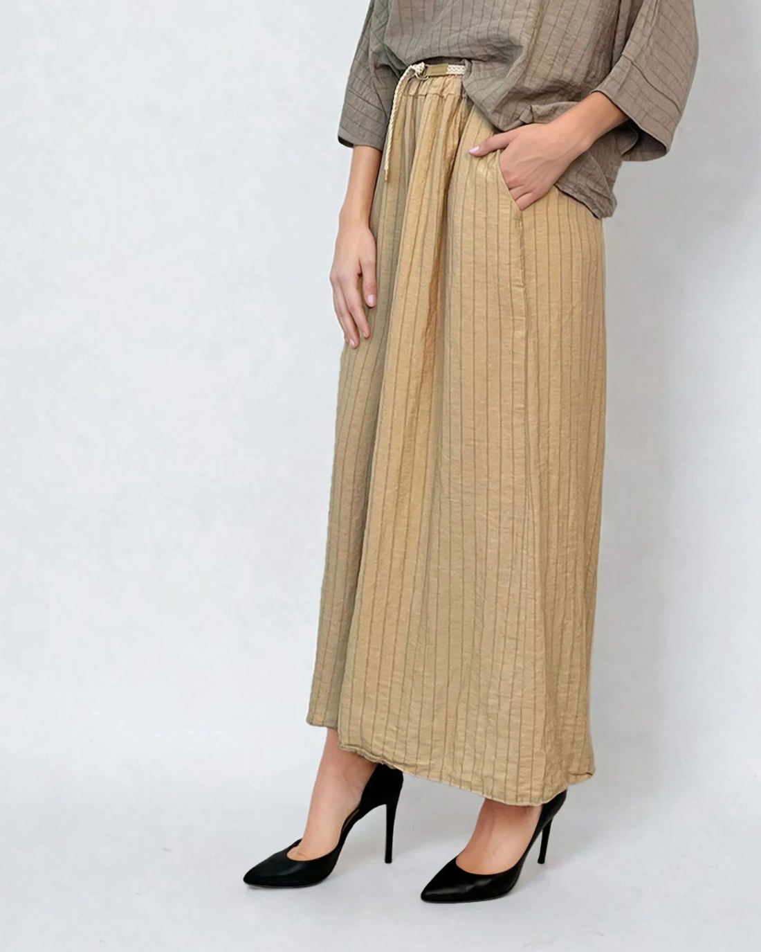 Fustă pantalon largă din in cu dungi beige 