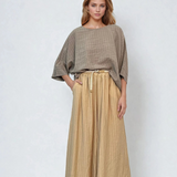 Fustă pantalon largă din in cu dungi beige 