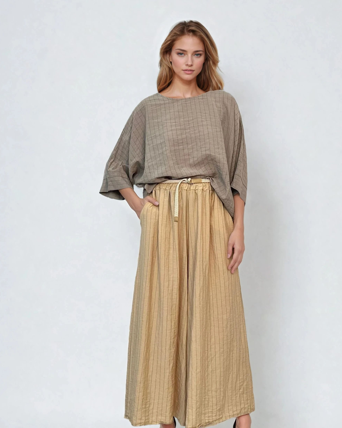 Fustă pantalon largă din in cu dungi beige 