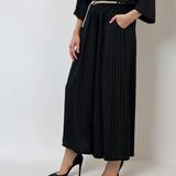 Fustă pantalon largă din in cu dungi negru 