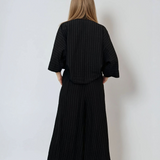 Fustă pantalon largă din in cu dungi negru 