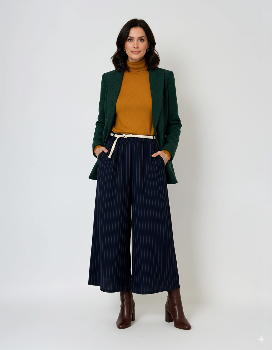 Fustă pantalon largă din in cu dungi negru 