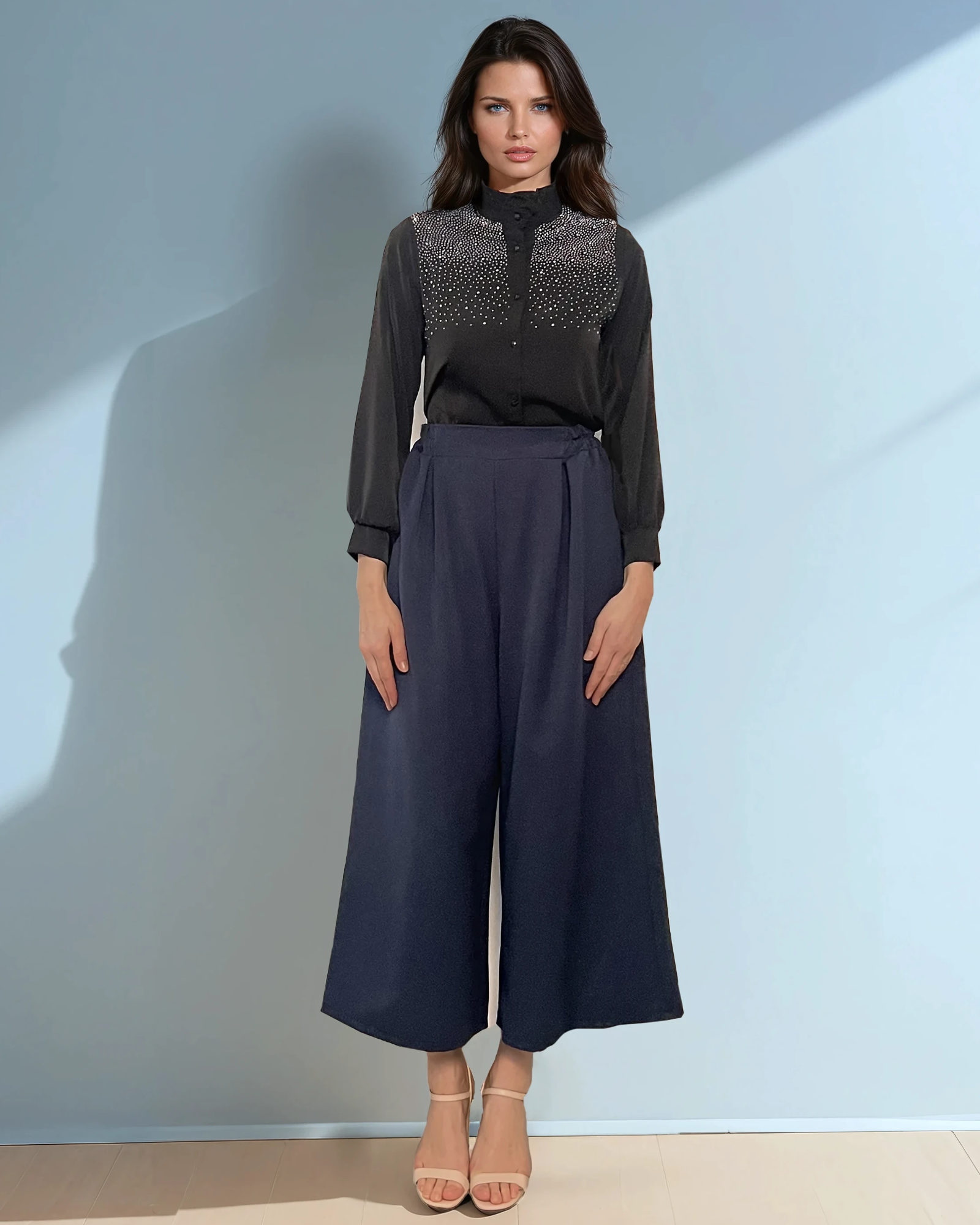 Fustă pantaloni cu pense și buzunare bleumarin 
