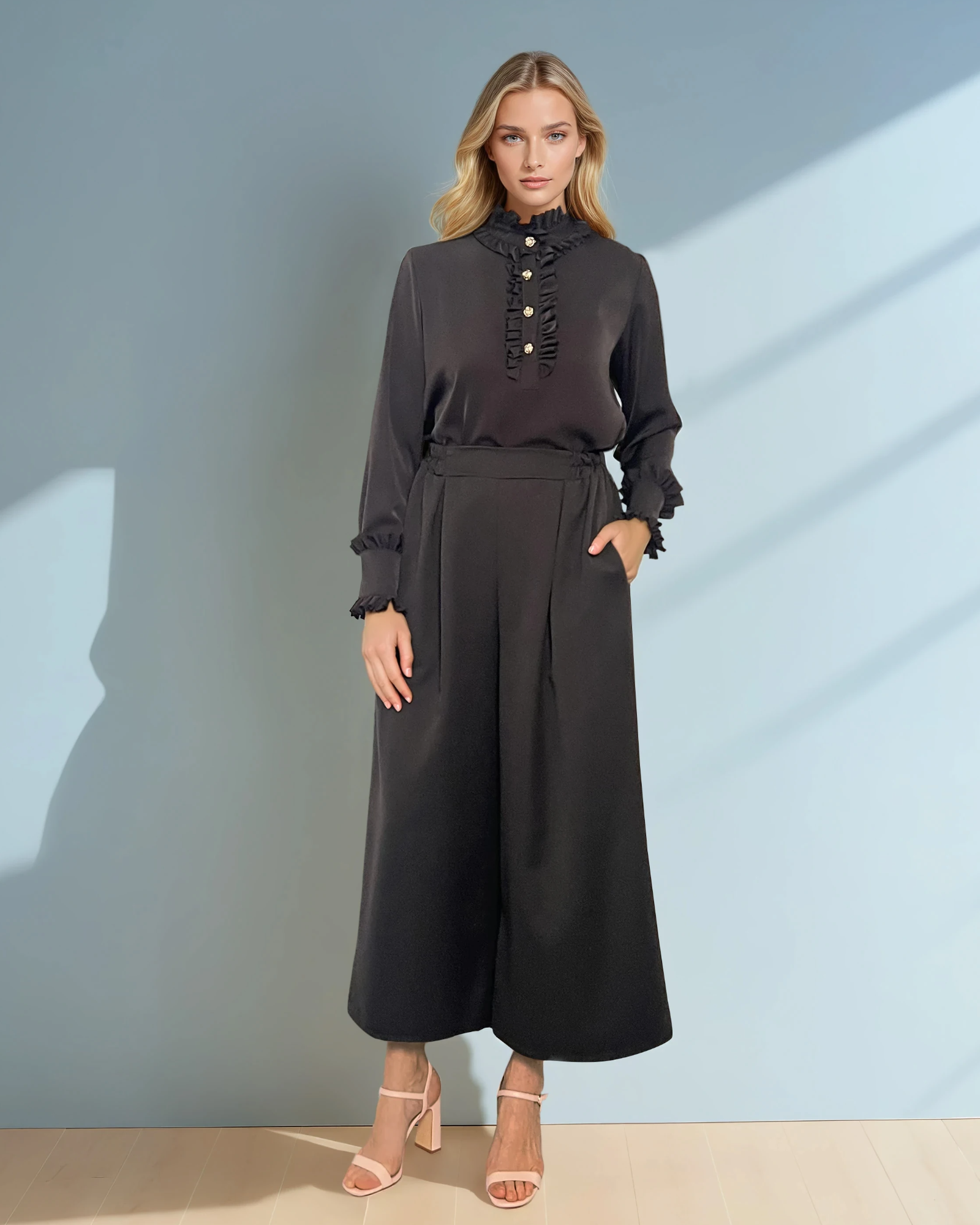 Fustă pantaloni cu pense și buzunare negru 