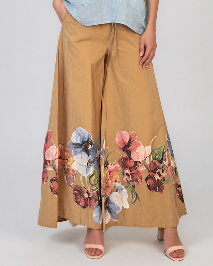 Fustă pantaloni cu print floral și șiret beige PR982