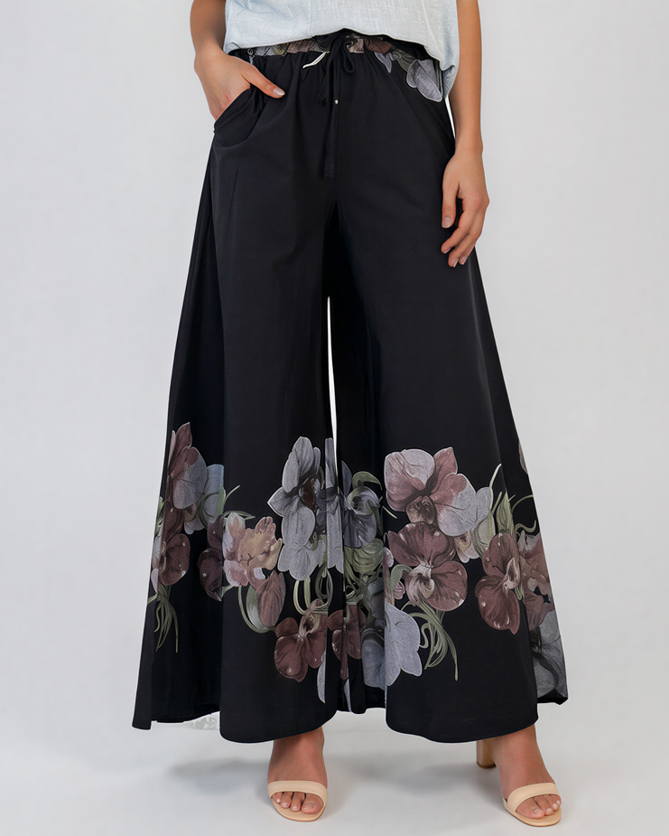 Fustă pantaloni cu print floral și șiret bleumarin PR982