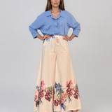Fustă pantaloni cu print floral și șiret crem PR982