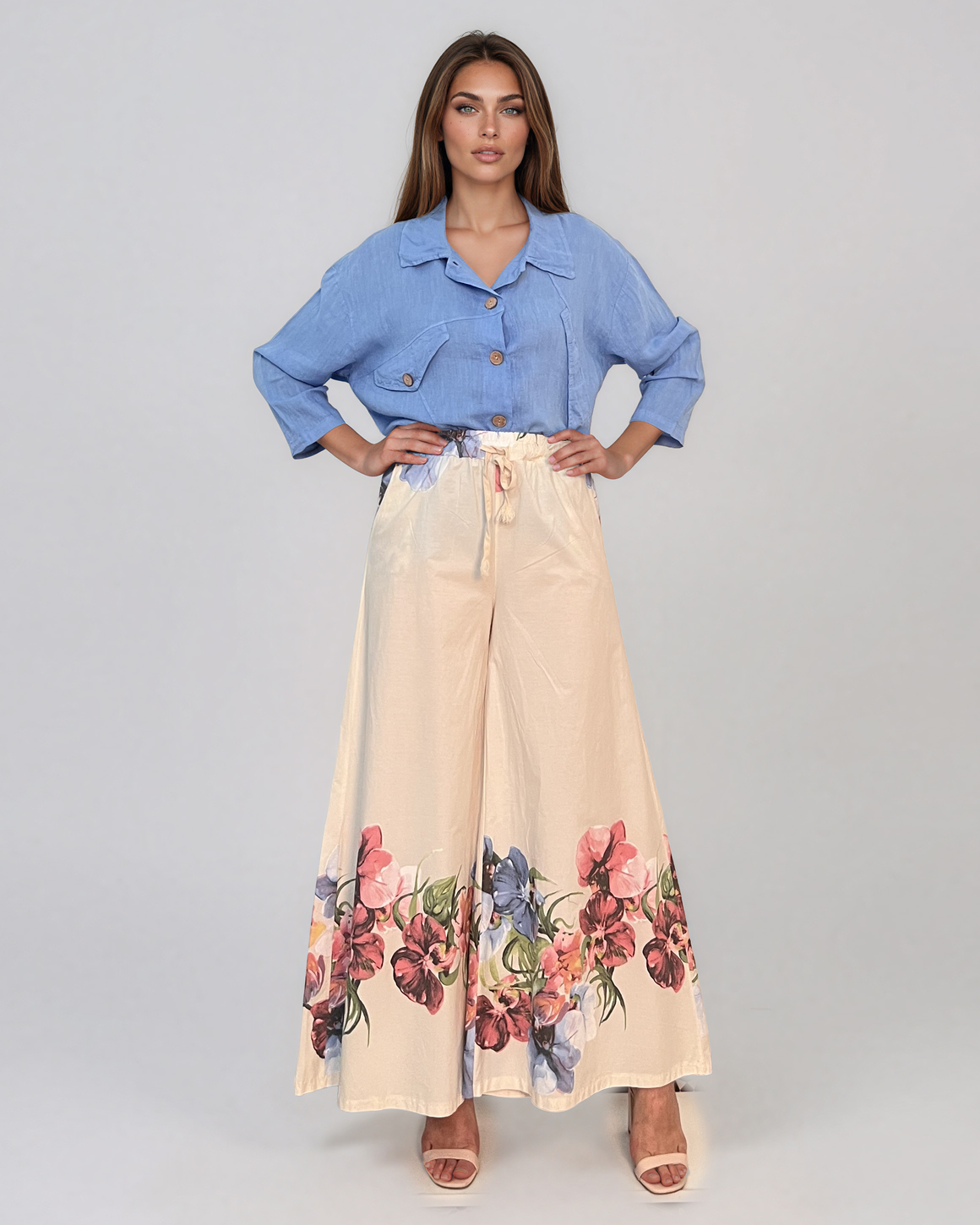 Fustă pantaloni cu print floral și șiret crem PR982