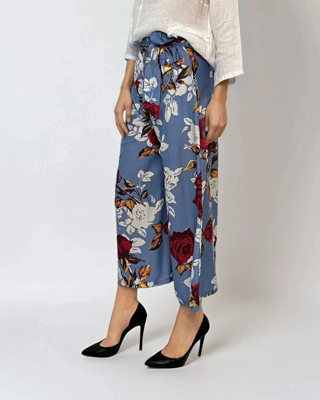 Fustă pantaloni largi cu print floral albastru 