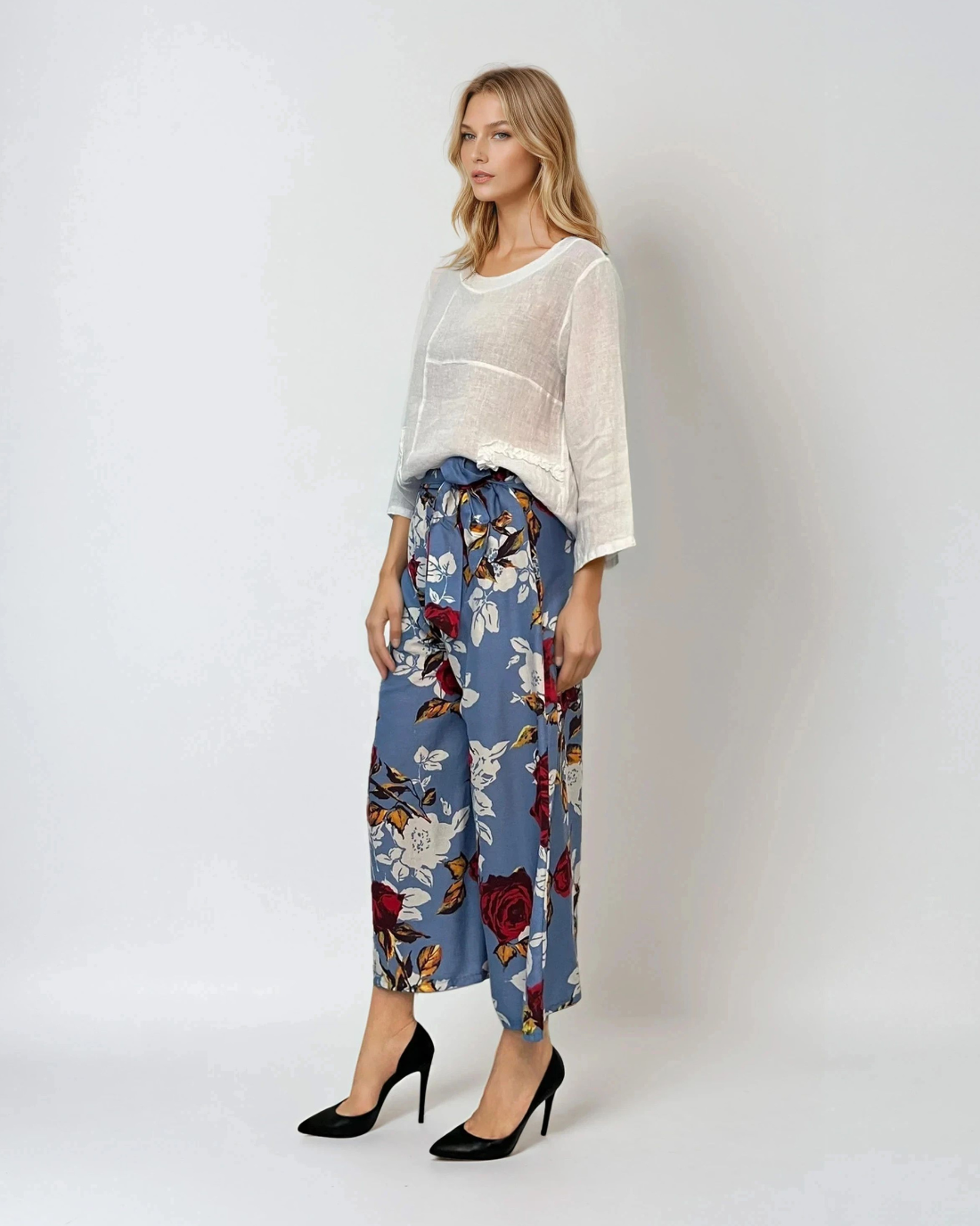 Fustă pantaloni largi cu print floral albastru 