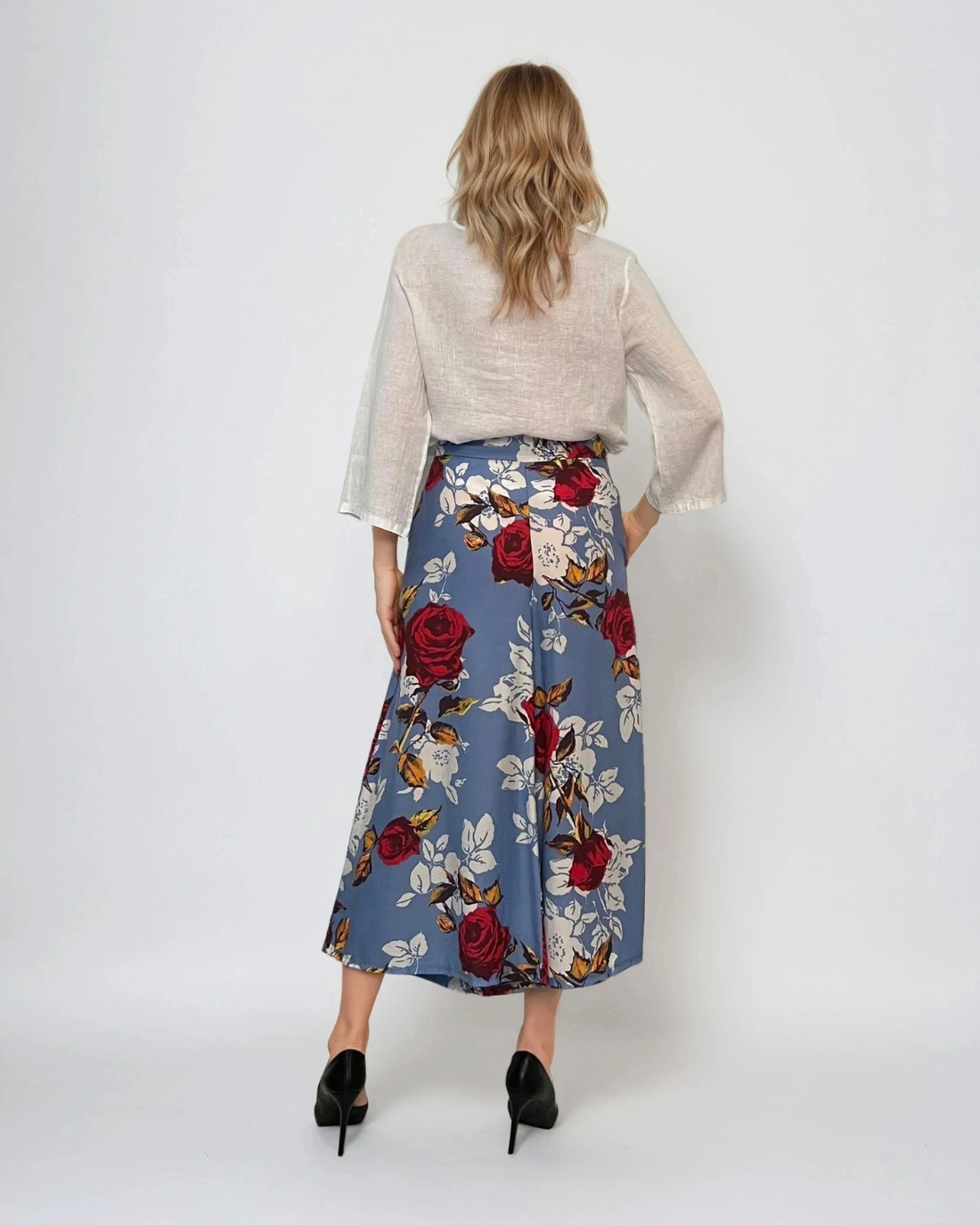 Fustă pantaloni largi cu print floral albastru 