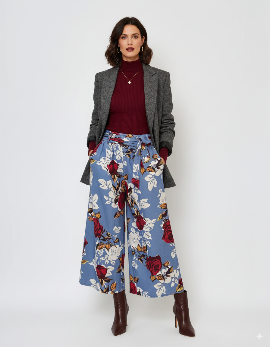 Fustă pantaloni largi cu print floral albastru 
