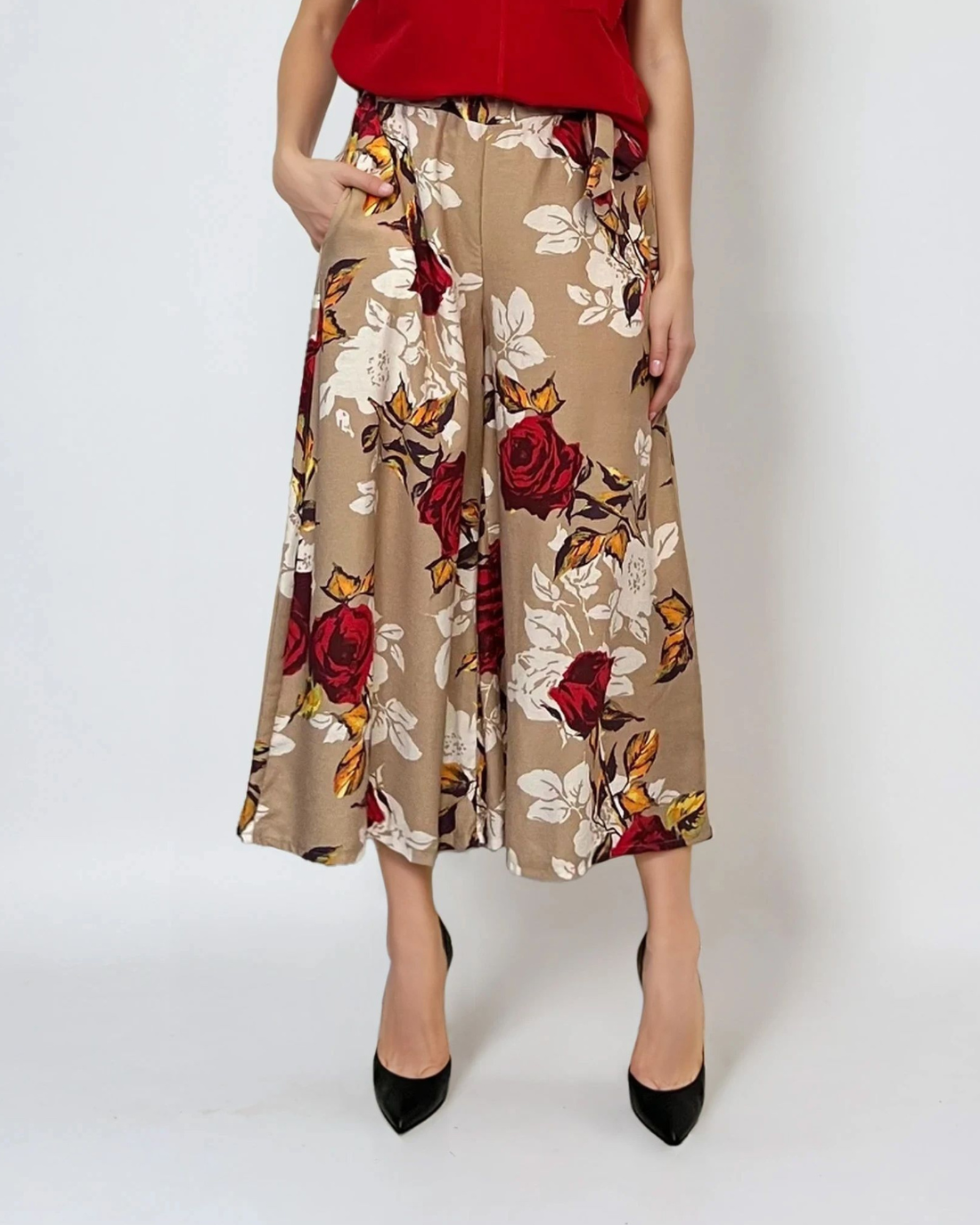 Fustă pantaloni largi cu print floral beige 