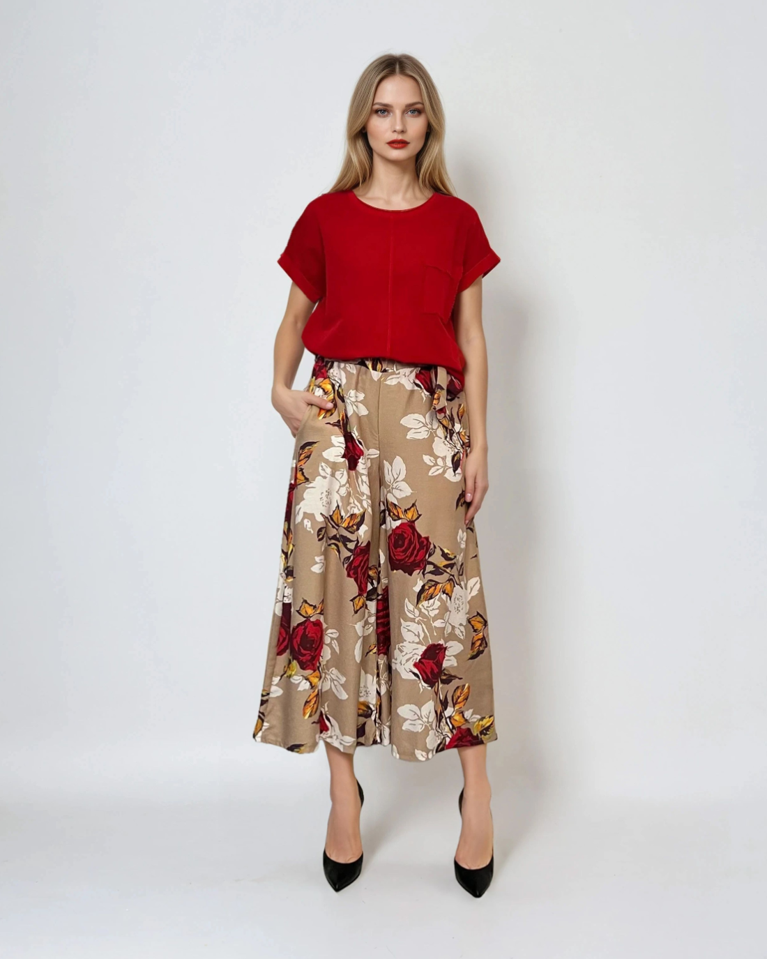 Fustă pantaloni largi cu print floral beige 