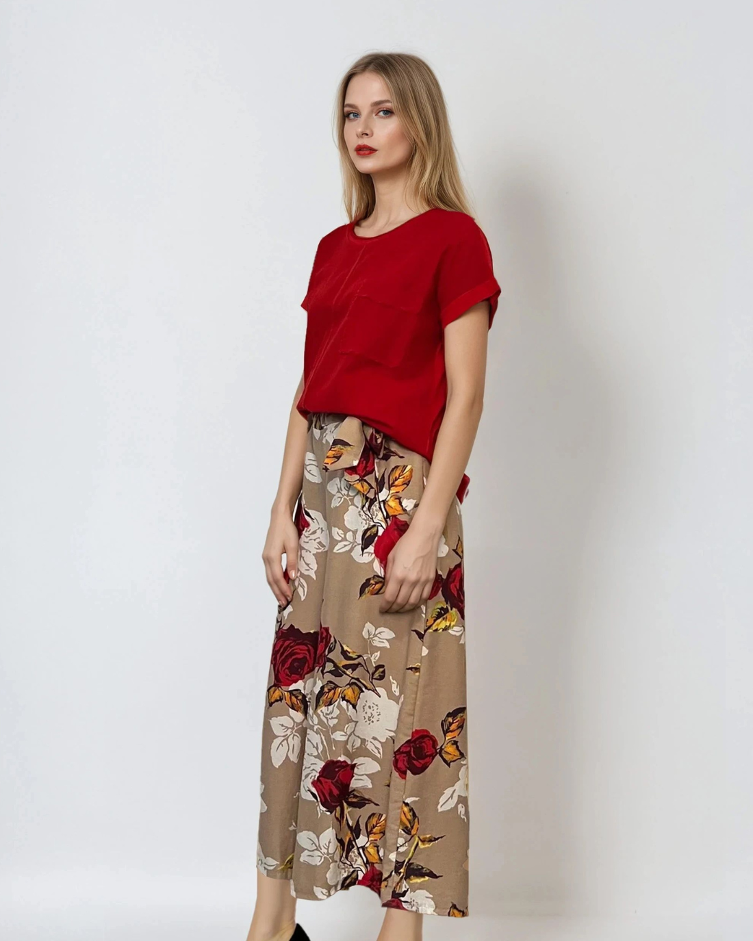 Fustă pantaloni largi cu print floral beige 