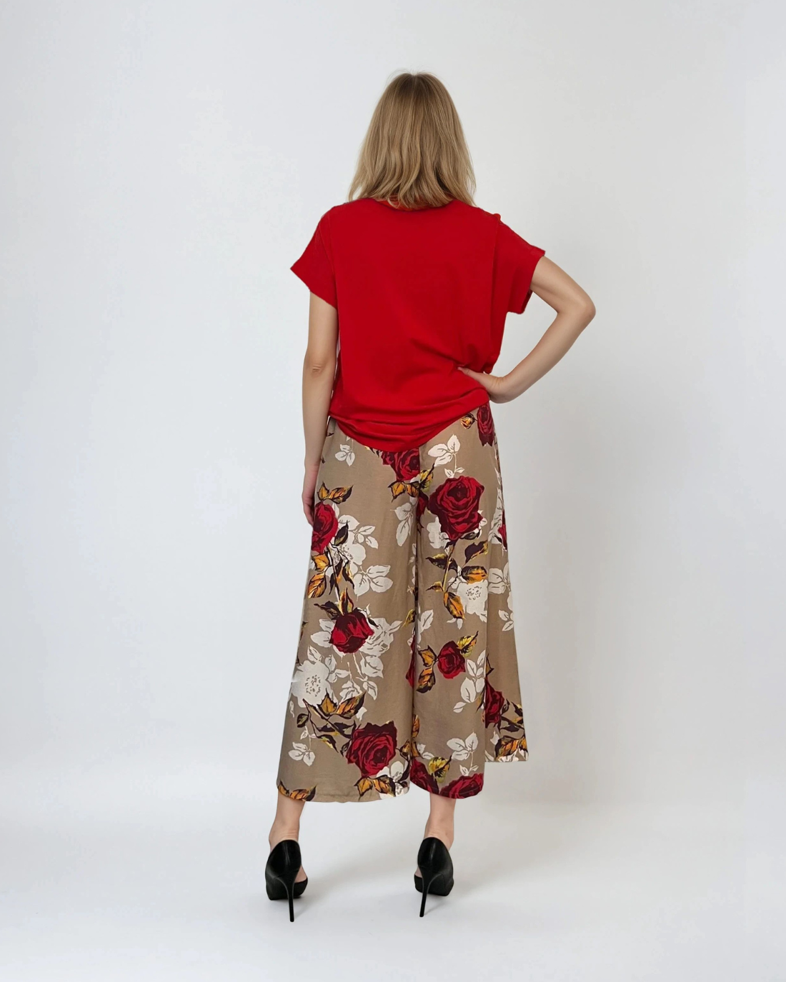 Fustă pantaloni largi cu print floral beige 