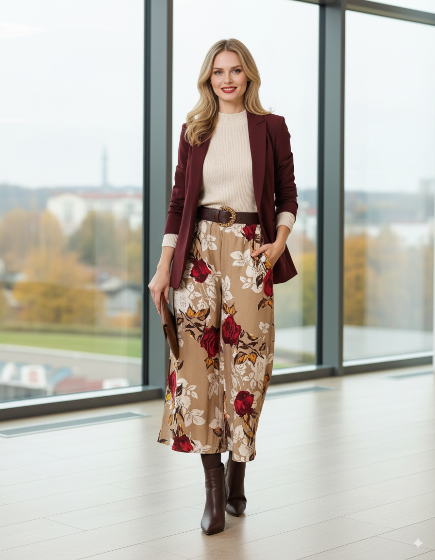 Fustă pantaloni largi cu print floral beige 