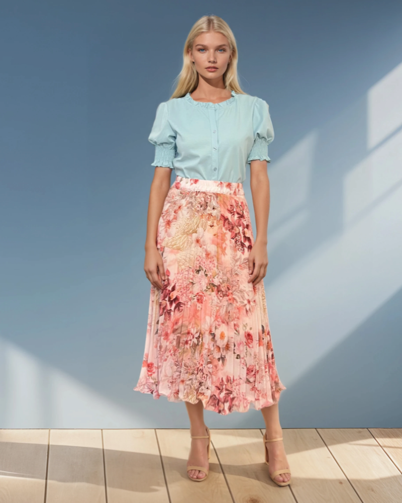 Fustă plisată lungă cu print floral roz 