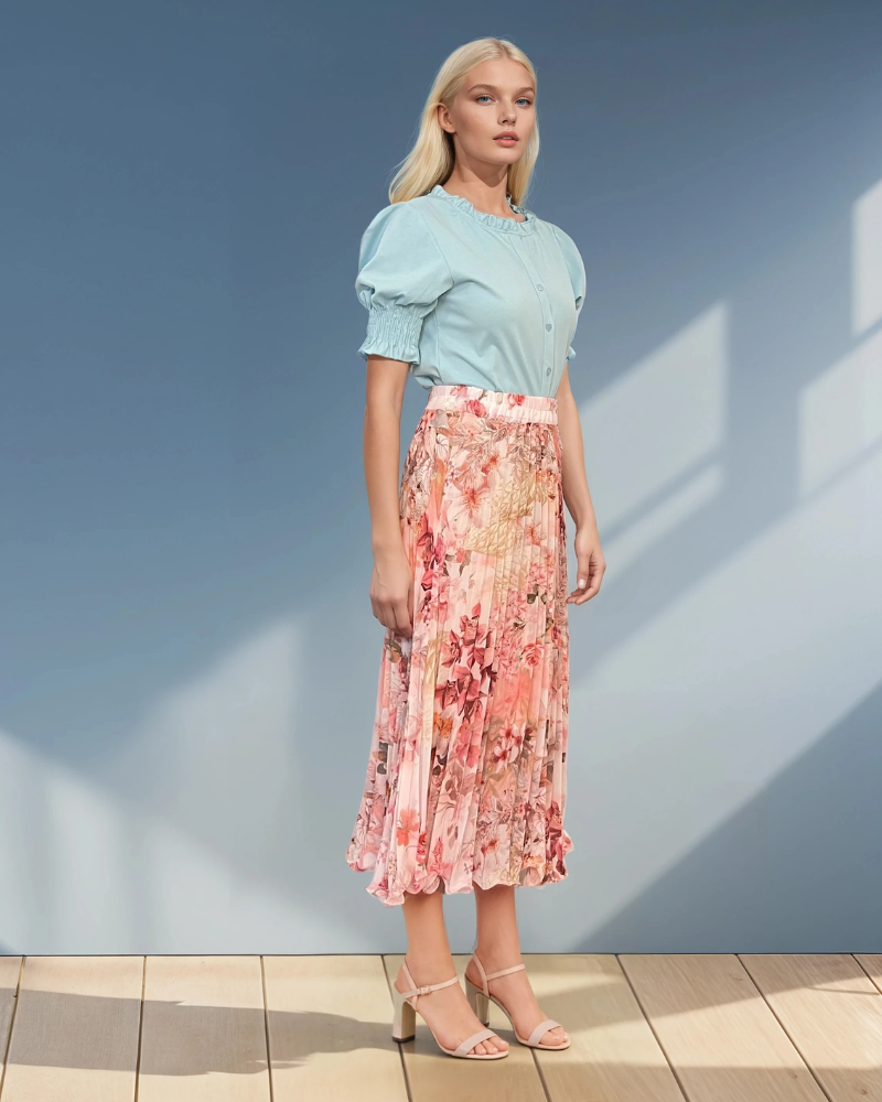 Fustă plisată lungă cu print floral roz 