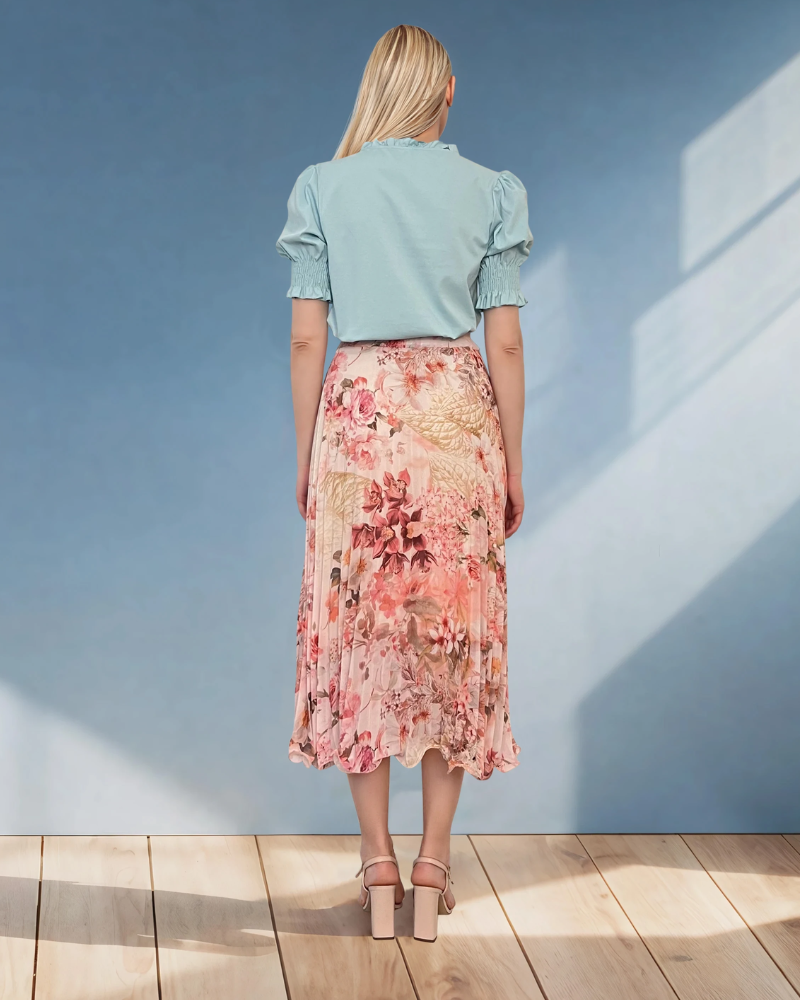 Fustă plisată lungă cu print floral roz 