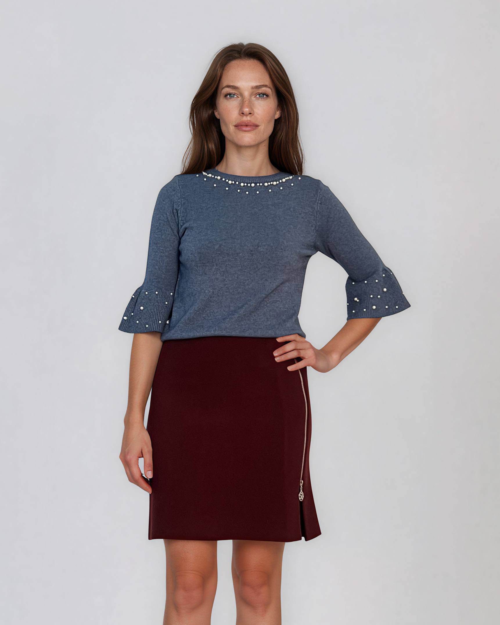 Fustă scurtă din tricot cu fermoar decorativ grena DY727