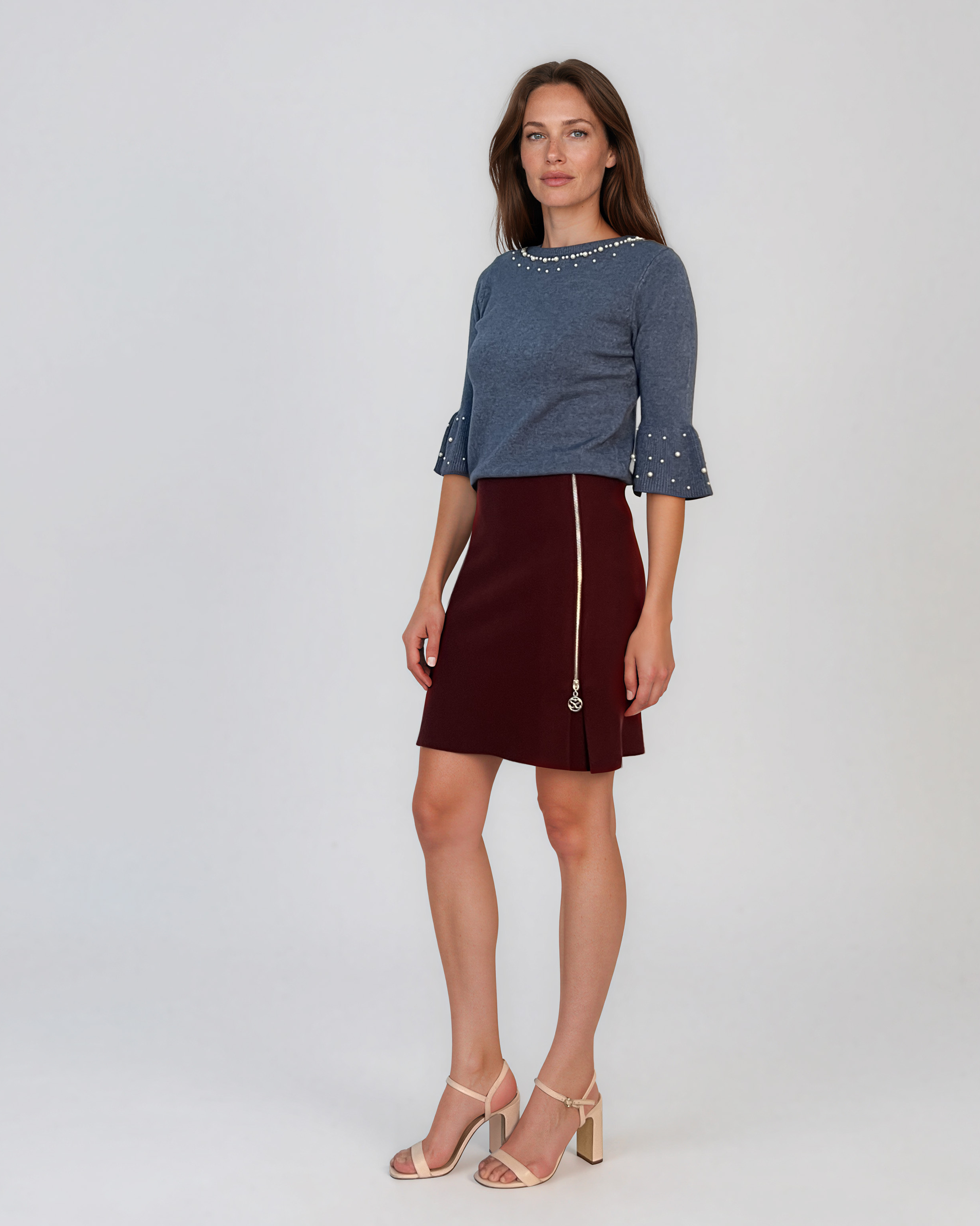 Fustă scurtă din tricot cu fermoar decorativ grena DY727