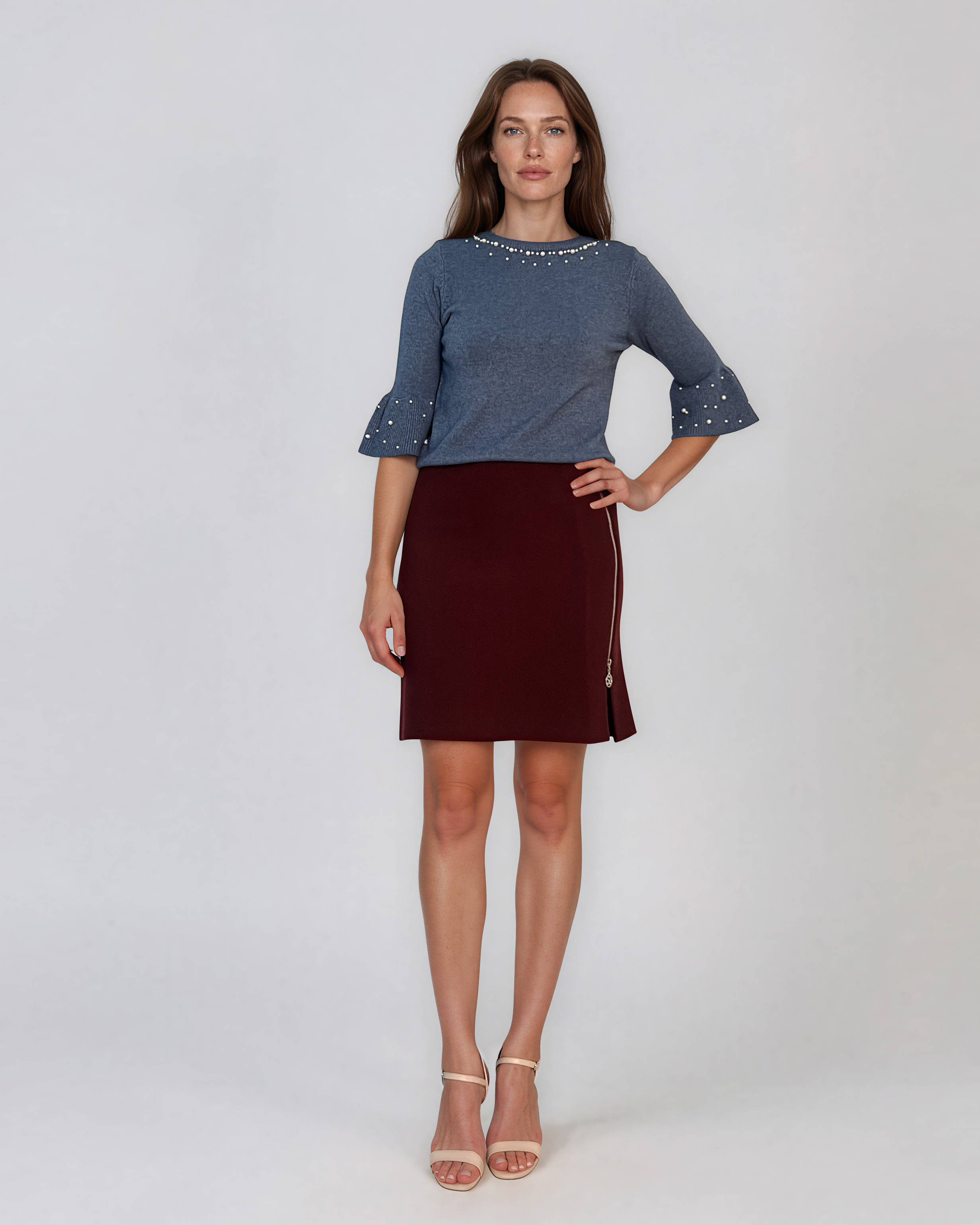 Fustă scurtă din tricot cu fermoar decorativ grena DY727