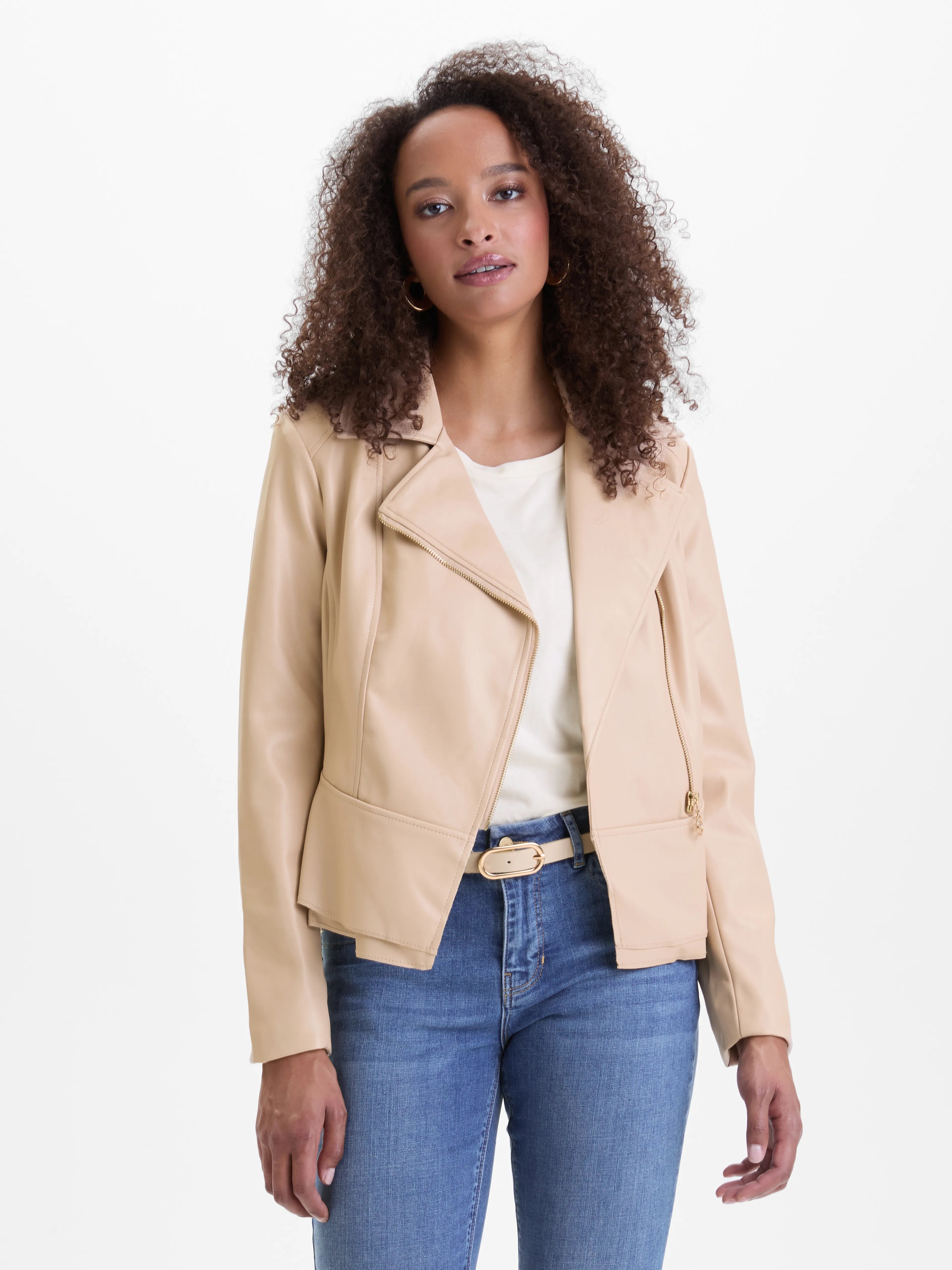 Geaca din imitatie de piele cu cordon in talie  ORSAY crem ORS01