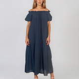 Rochie largă cu mânecă bufantă bleumarin