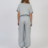 Pantaloni din in cu buzunare laterale și franjuri bleu