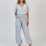 Pantaloni din in cu buzunare laterale și franjuri bleu