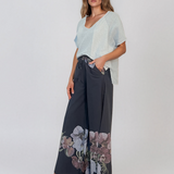 Fustă pantaloni cu print floral și șiret bleumarin
