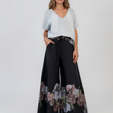 Fustă pantaloni cu print floral și șiret bleumarin