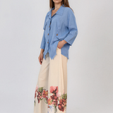 Fustă pantaloni cu print floral și șiret crem