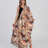 Şal cu lână, imprimeu floral şi franjuri beige