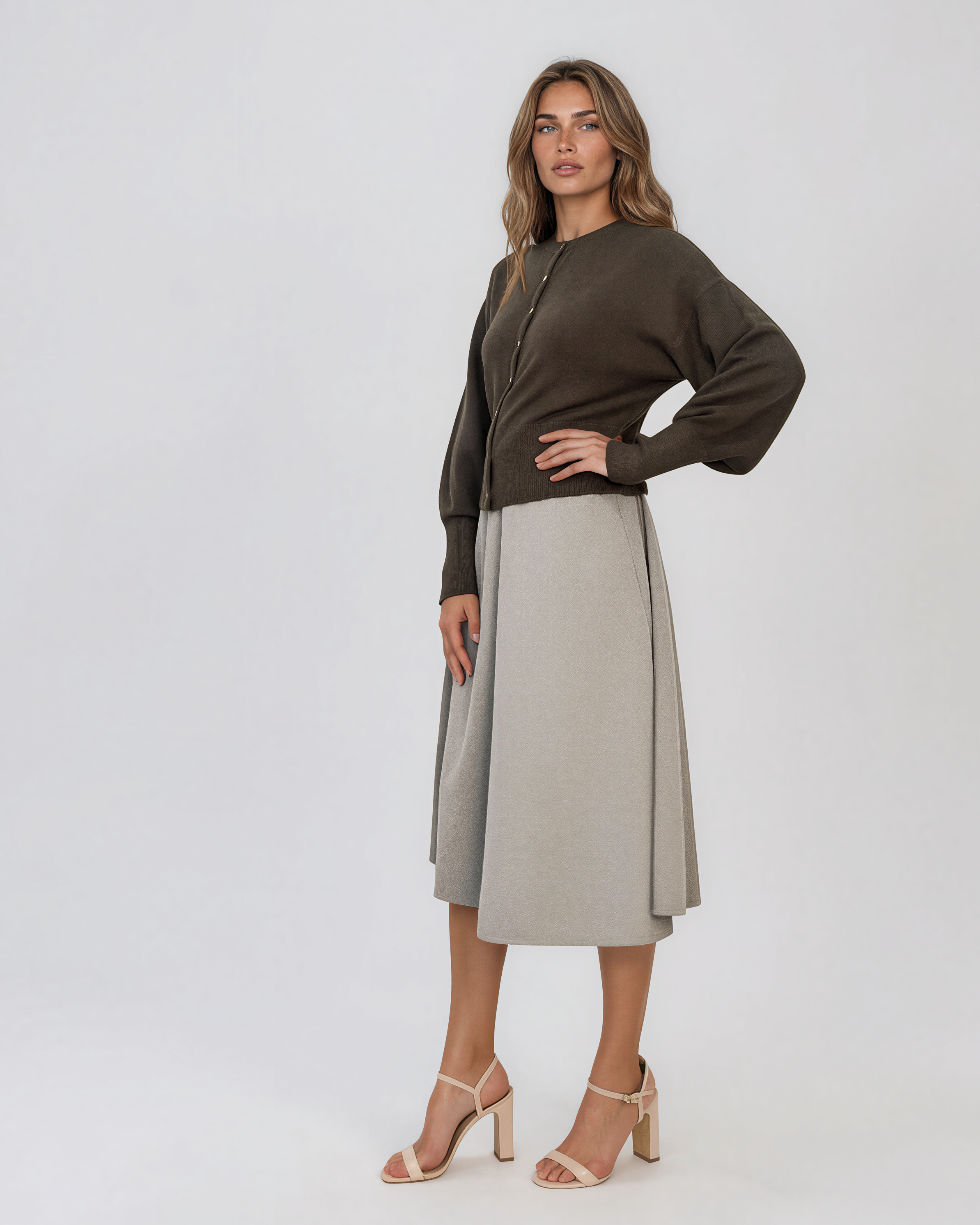 Jachetă din tricot cu nasturi şi mâneci bufante kaki PN119