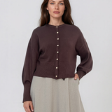 Jachetă din tricot cu nasturi şi mâneci bufante maro PN119
