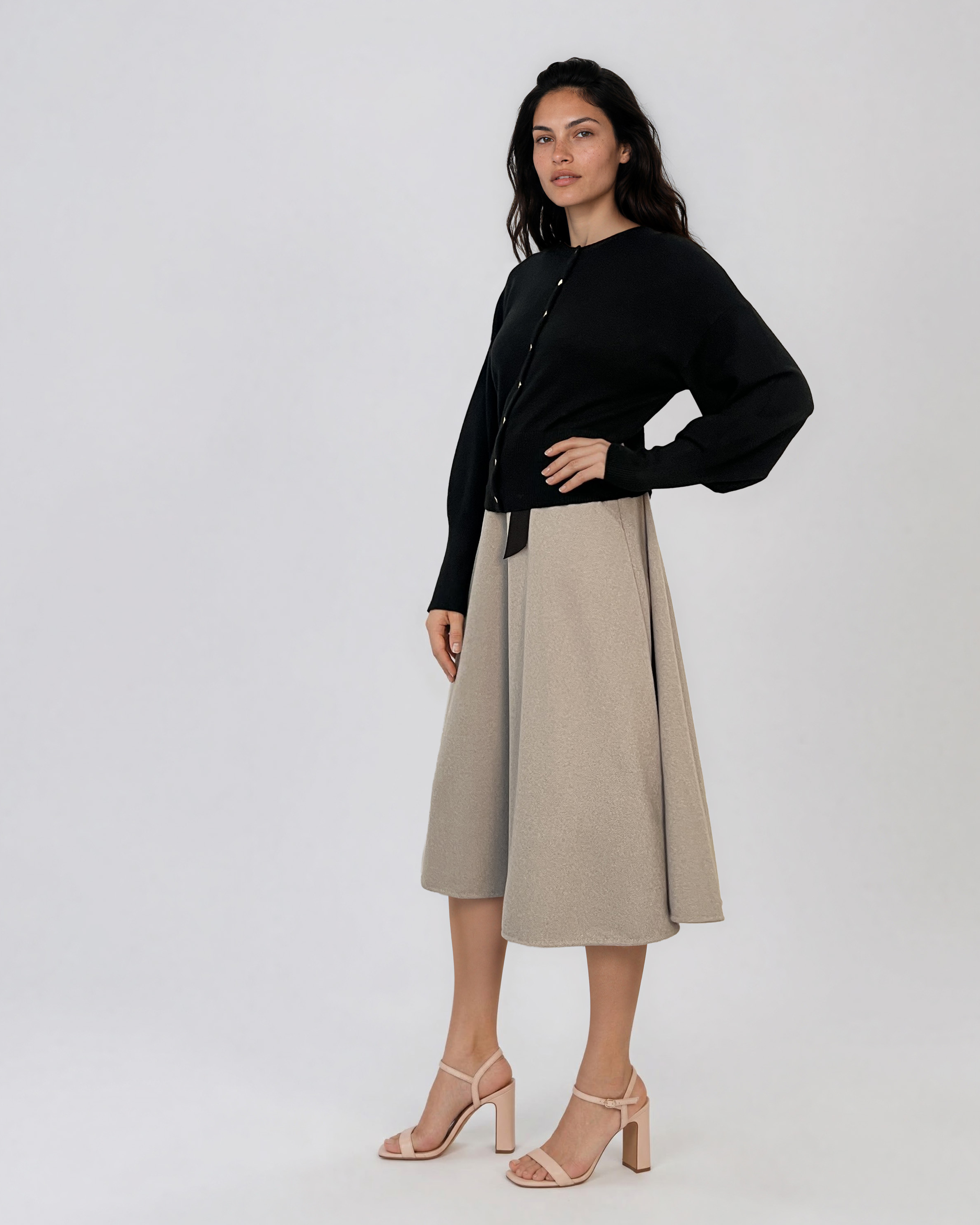 Jachetă din tricot cu nasturi şi mâneci bufante negru PN119