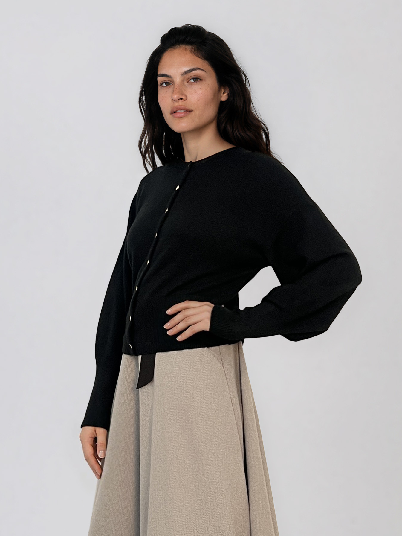 Jachetă din tricot cu nasturi şi mâneci bufante negru PN119