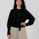 Jachetă din tricot cu nasturi şi mâneci bufante negru PN119