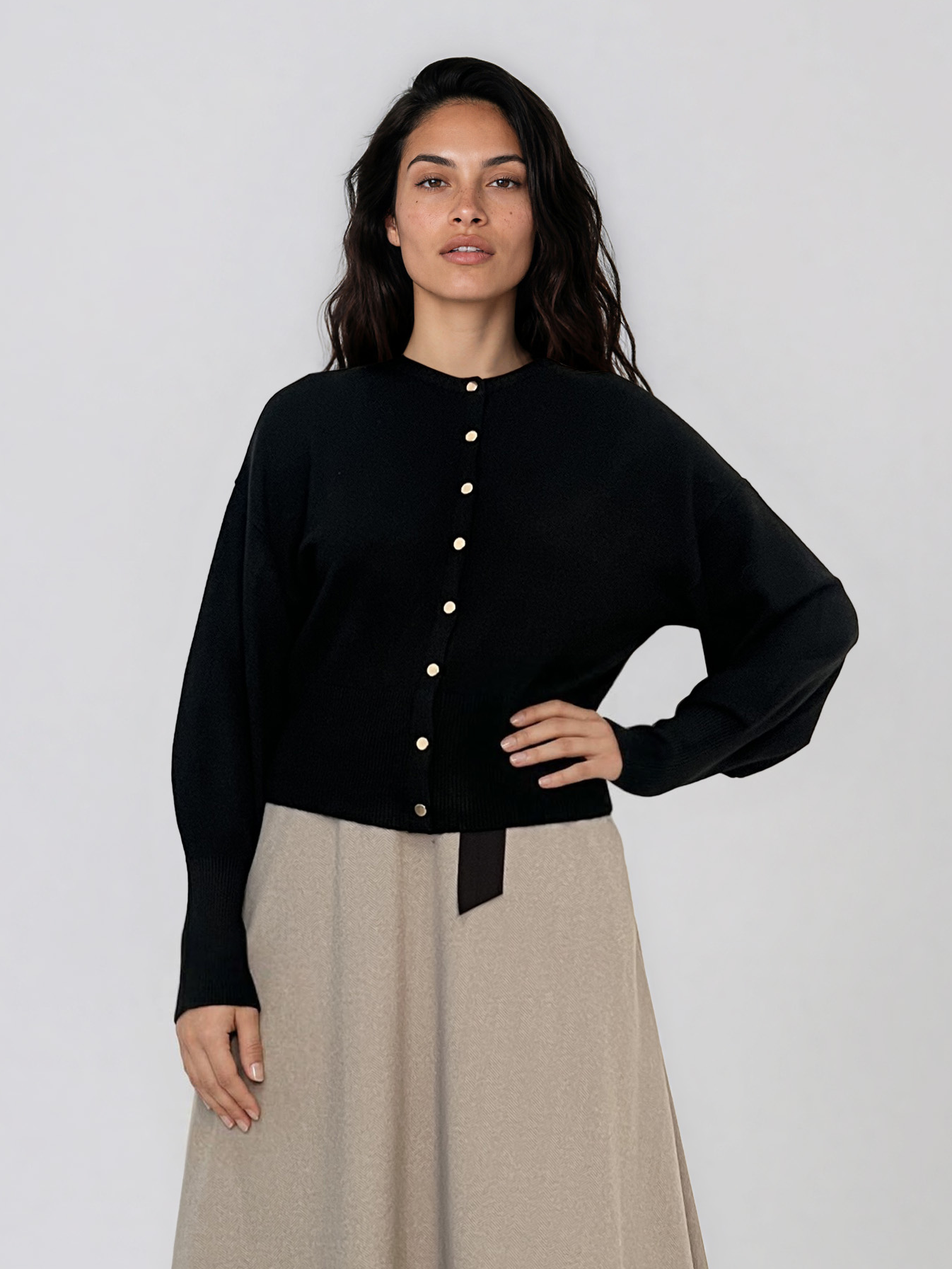 Jachetă din tricot cu nasturi şi mâneci bufante negru PN119