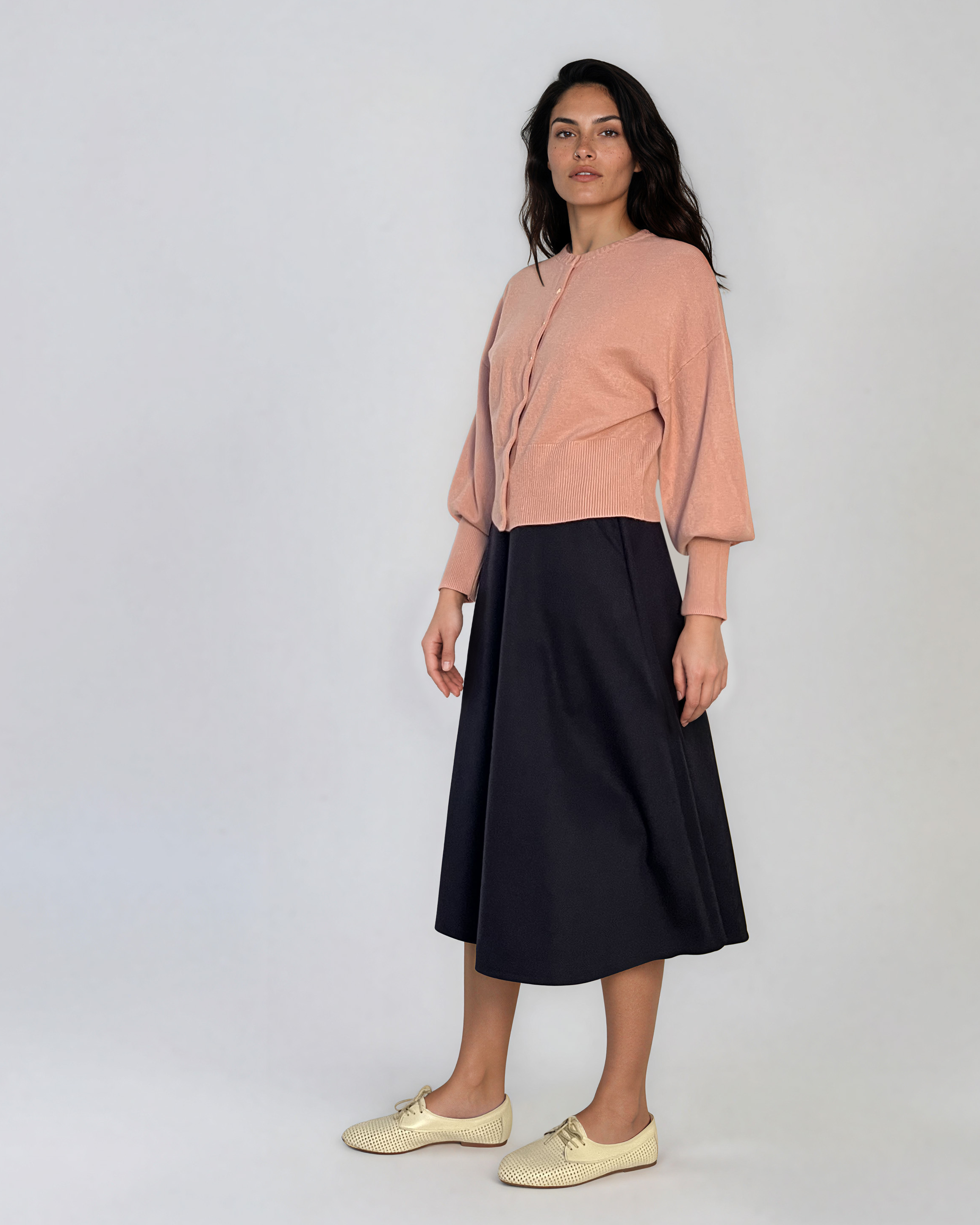 Jachetă din tricot cu nasturi şi mâneci bufante roz PN119