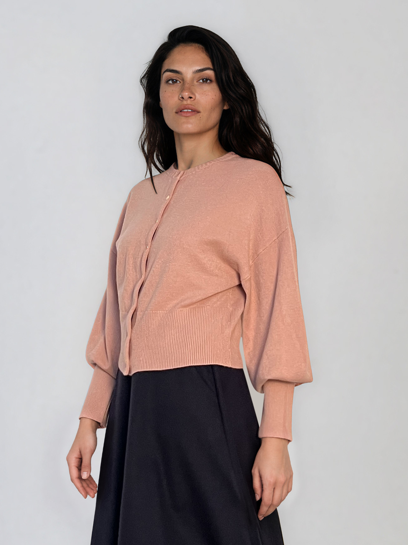 Jachetă din tricot cu nasturi şi mâneci bufante roz PN119